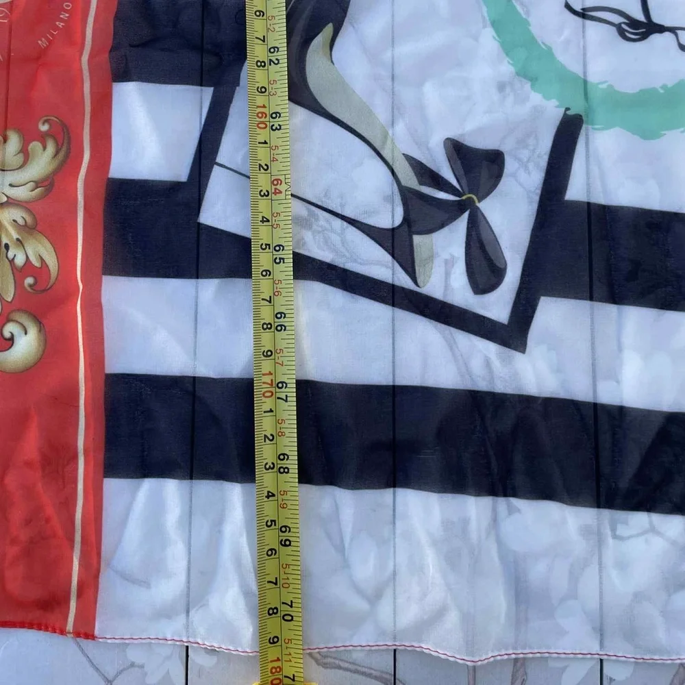 Vintage 1969 Versace Black and White Striped Scarf with Red and Gold Details